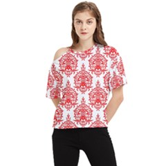 White And Red Ornament Damask Vintage One Shoulder Cut Out Tee by ConteMonfrey