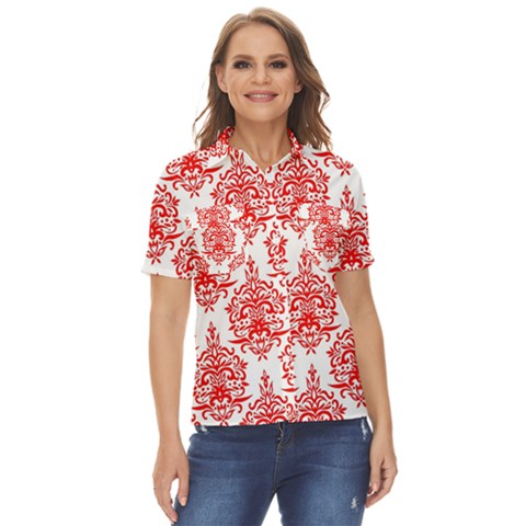 White And Red Ornament Damask Vintage Women s Short Sleeve Double Pocket Shirt by ConteMonfrey