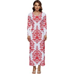 White And Red Ornament Damask Vintage Long Sleeve Velour Longline Maxi Dress