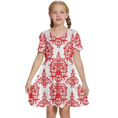 White And Red Ornament Damask Vintage Kids  Short Sleeve Tiered Mini Dress by ConteMonfrey