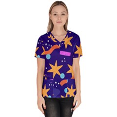 Star Abstract Pattern Wallpaper Women s V-neck Scrub Top by Wegoenart