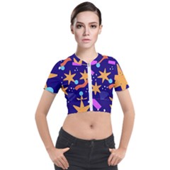 Star Abstract Pattern Wallpaper Short Sleeve Cropped Jacket by Wegoenart