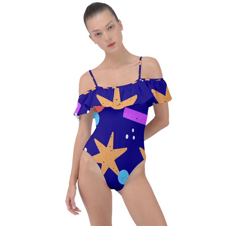 Star Abstract Pattern Wallpaper Frill Detail One Piece Swimsuit