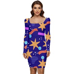 Star Abstract Pattern Wallpaper Women Long Sleeve Ruched Stretch Jersey Dress by Wegoenart