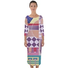 Abstract Shapes Colors Gradient Quarter Sleeve Midi Bodycon Dress by Wegoenart