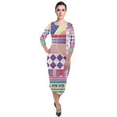 Abstract Shapes Colors Gradient Quarter Sleeve Midi Velour Bodycon Dress by Wegoenart