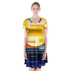 Background Abstract Horizon Short Sleeve V-neck Flare Dress by Wegoenart