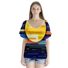 Background Abstract Horizon V-neck Flutter Sleeve Top by Wegoenart