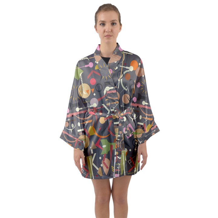 Illustration Shape Tribal Pattern Round Long Sleeve Satin Kimono