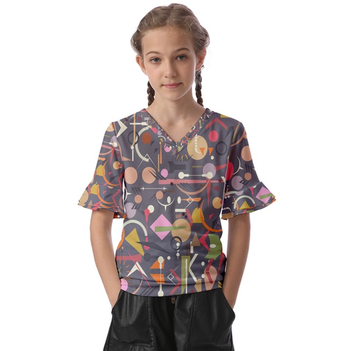 Illustration Shape Tribal Pattern Round Kids  V-Neck Horn Sleeve Blouse