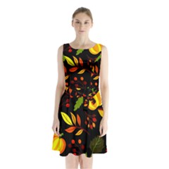 Pumpkin Fall Autumn Pattern Sleeveless Waist Tie Chiffon Dress by Wegoenart