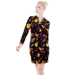 Pumpkin Fall Autumn Pattern Button Long Sleeve Dress by Wegoenart