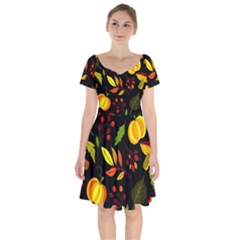 Pumpkin Fall Autumn Pattern Short Sleeve Bardot Dress by Wegoenart