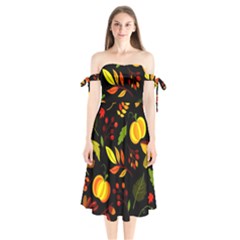 Pumpkin Fall Autumn Pattern Shoulder Tie Bardot Midi Dress by Wegoenart