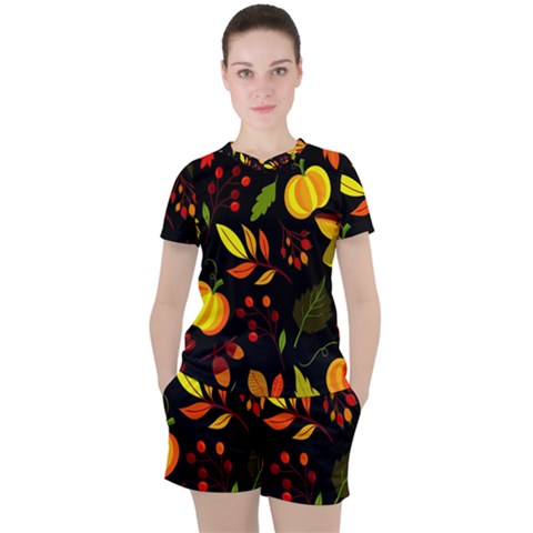 Pumpkin Fall Autumn Pattern Women s Tee And Shorts Set by Wegoenart