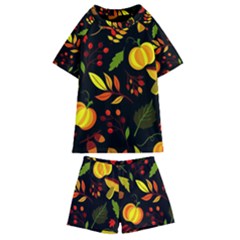 Pumpkin Fall Autumn Pattern Kids  Swim Tee And Shorts Set by Wegoenart