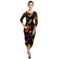 Pumpkin Fall Autumn Pattern Quarter Sleeve Midi Velour Bodycon Dress by Wegoenart