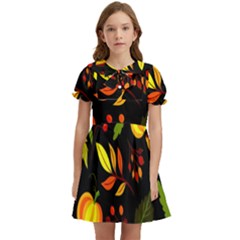 Pumpkin Fall Autumn Pattern Kids  Bow Tie Puff Sleeve Dress by Wegoenart