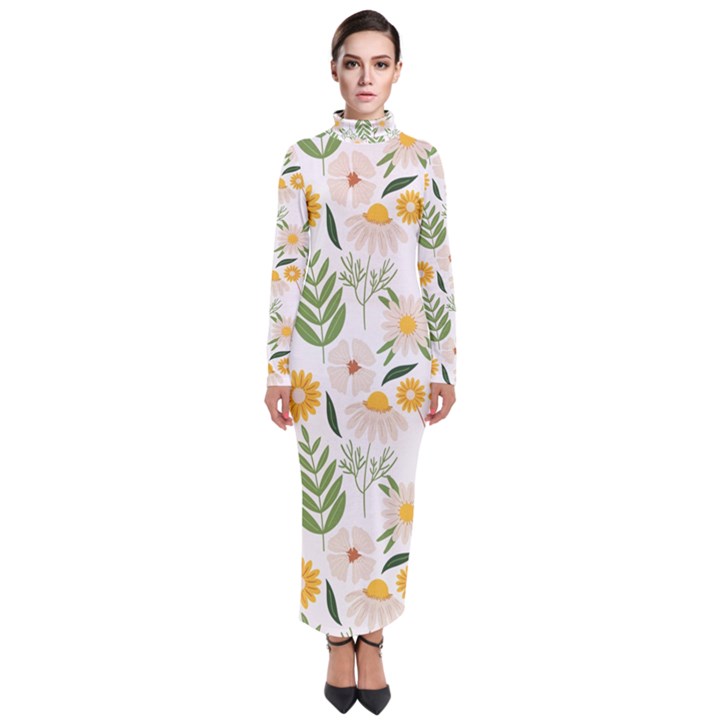 Flower White Pattern Floral Nature Turtleneck Maxi Dress