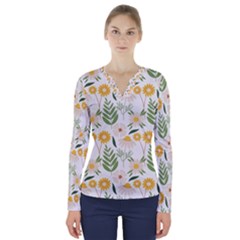 Flower White Pattern Floral Nature V-neck Long Sleeve Top by Wegoenart