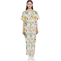 Flower White Pattern Floral Nature Batwing Lightweight Chiffon Jumpsuit by Wegoenart