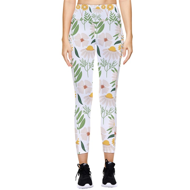 Flower White Pattern Floral Nature Pocket Leggings 