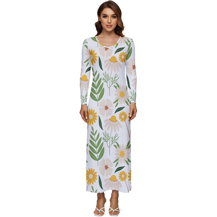 Flower White Pattern Floral Nature Long Sleeve Velour Longline Maxi Dress