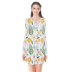 Flower White Pattern Floral Nature Long Sleeve V-neck Flare Dress by Wegoenart