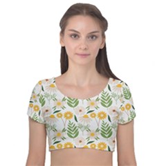 Flower White Pattern Floral Nature Velvet Short Sleeve Crop Top  by Wegoenart