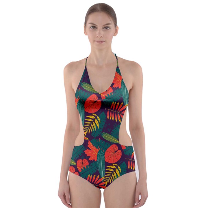 Leaves Pattern Wallpaper Seamless Cut-Out One Piece Swimsuit