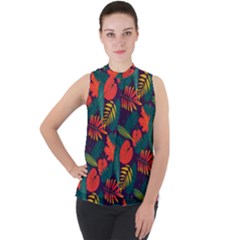 Leaves Pattern Wallpaper Seamless Mock Neck Chiffon Sleeveless Top by Wegoenart