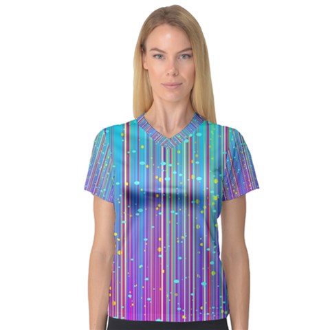 Blue Magenta Speckles Line V-neck Sport Mesh Tee by Wegoenart