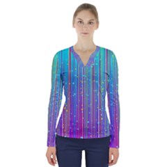 Blue Magenta Speckles Line V-neck Long Sleeve Top by Wegoenart