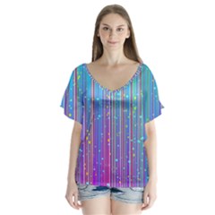 Blue Magenta Speckles Line V-neck Flutter Sleeve Top by Wegoenart