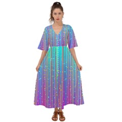 Blue Magenta Speckles Line Kimono Sleeve Boho Dress by Wegoenart