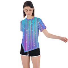 Blue Magenta Speckles Line Asymmetrical Short Sleeve Sports Tee by Wegoenart