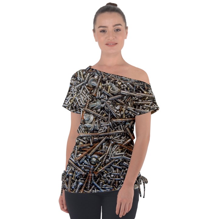 Screws Scrap Metal Rusted Screw Art Off Shoulder Tie-Up Tee