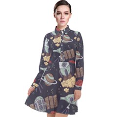 Hand-drawn-pattern-space-elements-collection Long Sleeve Chiffon Shirt Dress by Jancukart