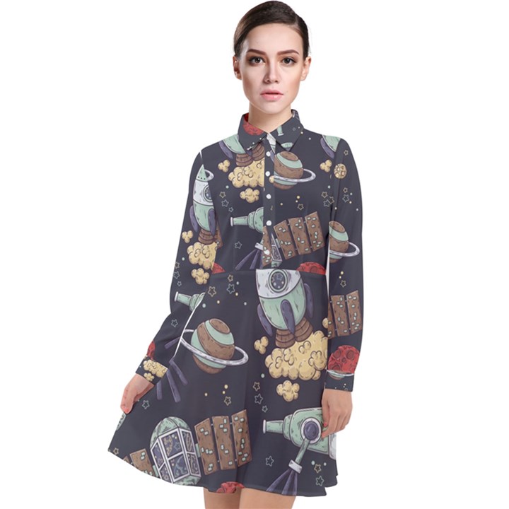 Hand-drawn-pattern-space-elements-collection Long Sleeve Chiffon Shirt Dress