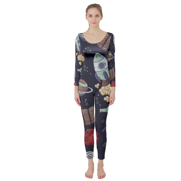 Hand-drawn-pattern-space-elements-collection Long Sleeve Catsuit