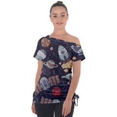 Hand-drawn-pattern-space-elements-collection Off Shoulder Tie-up Tee