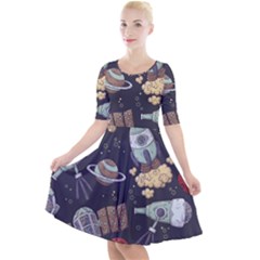 Hand-drawn-pattern-space-elements-collection Quarter Sleeve A-line Dress