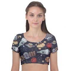 Hand-drawn-pattern-space-elements-collection Velvet Short Sleeve Crop Top 