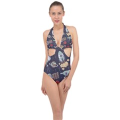 Hand-drawn-pattern-space-elements-collection Halter Front Plunge Swimsuit