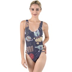 Hand-drawn-pattern-space-elements-collection High Leg Strappy Swimsuit