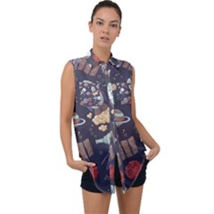 Hand-drawn-pattern-space-elements-collection Sleeveless Chiffon Button Shirt