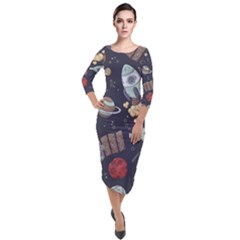 Hand-drawn-pattern-space-elements-collection Quarter Sleeve Midi Velour Bodycon Dress