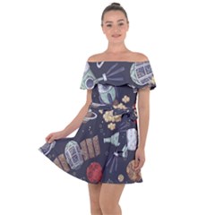 Hand-drawn-pattern-space-elements-collection Off Shoulder Velour Dress by Jancukart