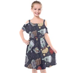 Hand-drawn-pattern-space-elements-collection Kids  Cut Out Shoulders Chiffon Dress