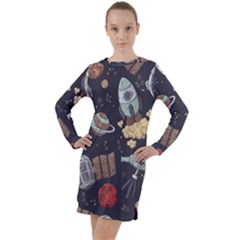 Hand-drawn-pattern-space-elements-collection Long Sleeve Hoodie Dress by Jancukart